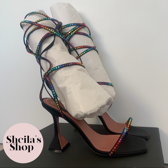 NIB Amina Muaddi x AWGE LSD Rainbow Crystal Satin Gladiator Sandals Size 37 - Picture 4 of 9